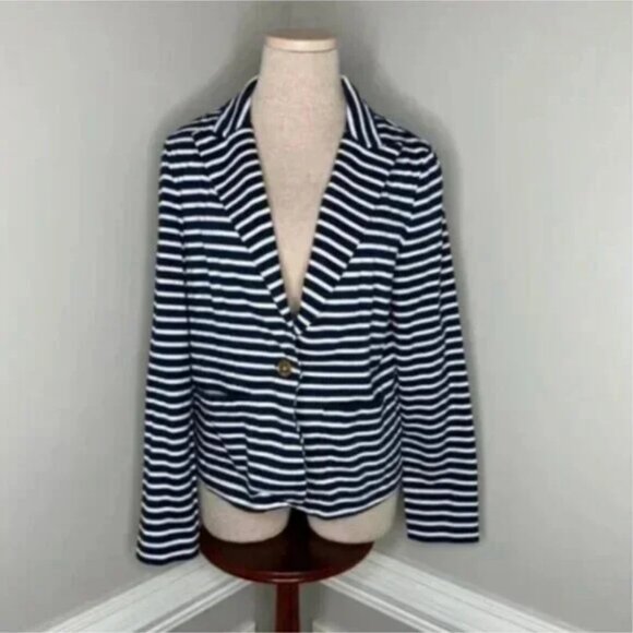 NWT Lauren Ralph Lauren Women's Ponte Knit Stripe Blazer Navy Blue White Size PL - Picture 2 of 13